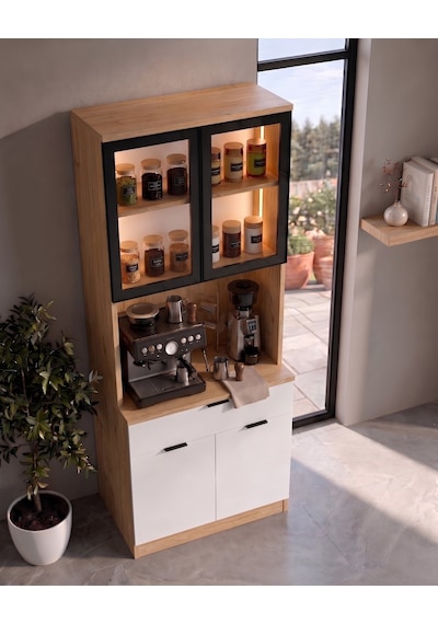 Dream Premium Minimal Kahve İstasyonu - Safir Meşe Temperli Camlı Led Modül
