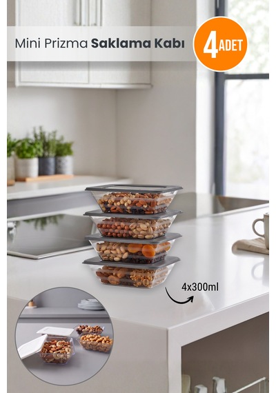 4'lü Mini Prizma Saklama Kabı Erzak Kabı Dolapiçi Organizer 4x300 Ml Çok Renkli