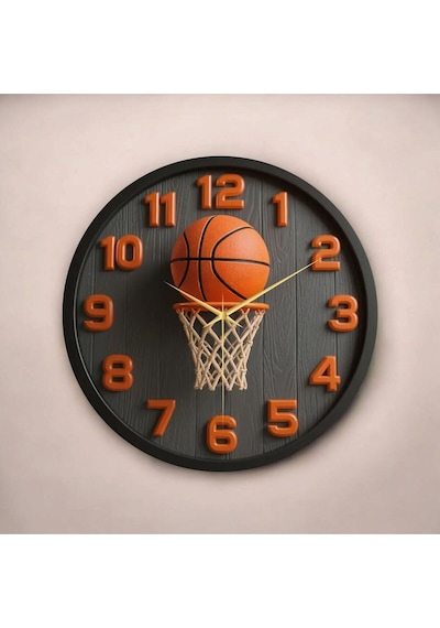 AA Shop Basketbol Top Pota Renkli Baskı Desenli Sayılı Hediyelik Ahşap Sessiz Tablo Duvar Saati 59 Renkli