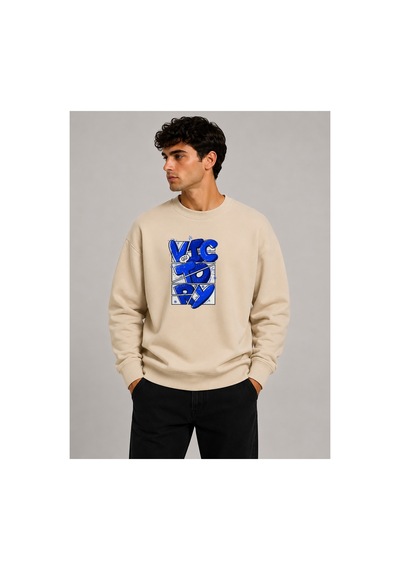 Herkesemoda Victory Baskı Detaylı Bisiklet Yaka Şardonlu 2 İplik Sweatshirt Bej