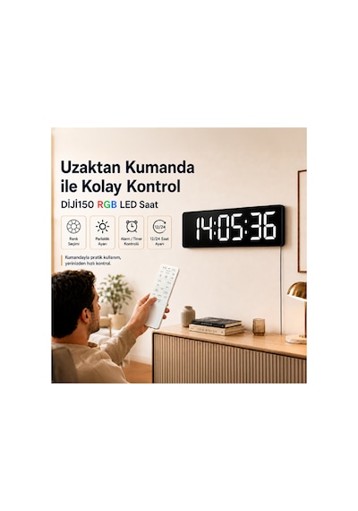Rgb Büyük Ekranlı Dijital Duvar Saati 17.2 İnç Uzaktan Kumandalı Diji150 Rgb - 888719278 Rgb