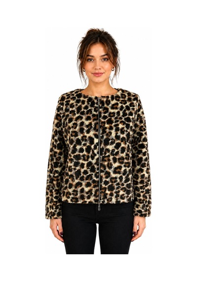 Neden Tekstil Kadın Leopar Desenli Fermuarlı Ceket - Kahverengi