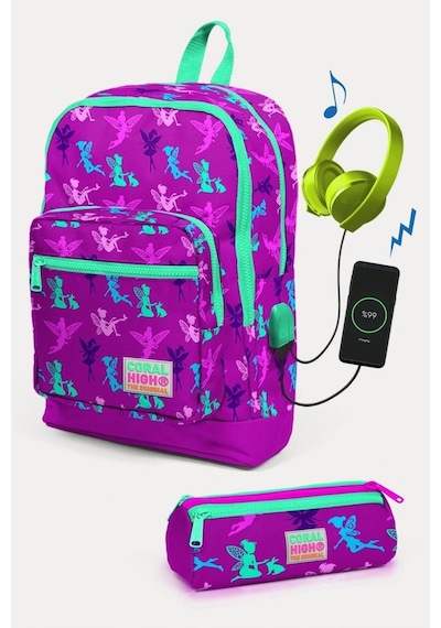 Coral High Kids Koyu Pembe Su Yeşili Peri Desenli Usb'li 2'li Okul Çanta Seti - Kız Çocuk