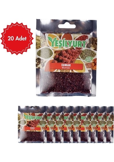 Yeşilyurt Sumak 40 G X 20 Adet Doğal Ve Katkısız Baharat Salata, Et Ve Geleneksel Yemekler Için