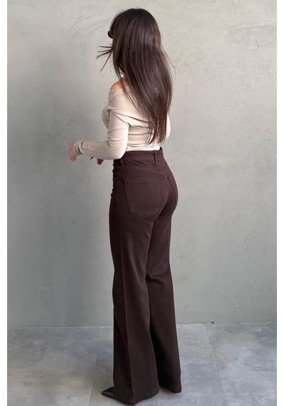 Kahverengi Yüksek Bel Likralı Taşlı Kadın Jean Pantolon Mg2271 Kahverengi