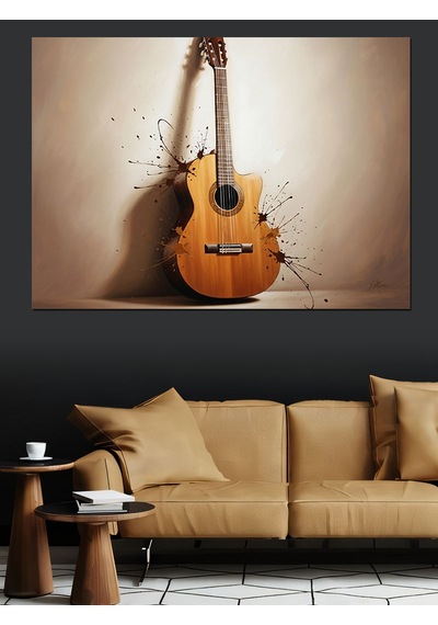 Duvara Dayalı Klasik Gitar Müzik Enstrümanı Görseli Dekoratif Kanvas - Mdf Ahşap Tablo