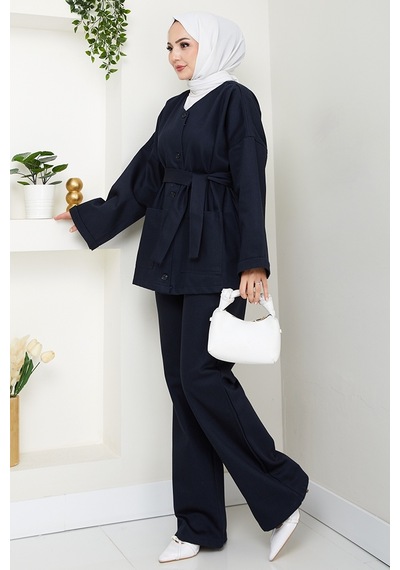 Bestenur Kemerli Ceket Pantolon Gabardin Takım 1557 - Lacivert Lacivert
