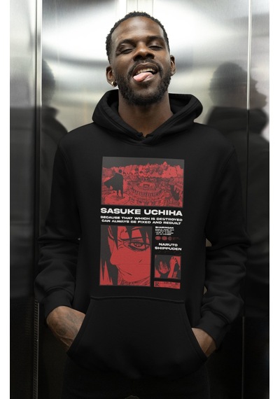 Sevbano Sasuke Uchiha Naruto Shippuden Baskılı Unisex Oversize Anime Kara Siyah