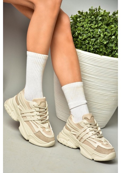 Fox Shoes S973602404 Bej Kumaş Kalın Tabanlı Spor Ayakkabı Sneakers Bej