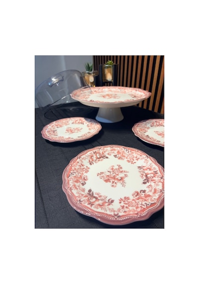 Porser Velour Maroon Fulya Ayaklı Sunum Seti 8 Parça Porselen Pasta Sunum Seti Pembe