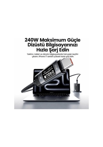 Toocki 240W PD 3.1 OLED Ekranlı Type-C to Type-C Hızlı Şarj Kablosu  E-Marker Çipli - 2 Metre