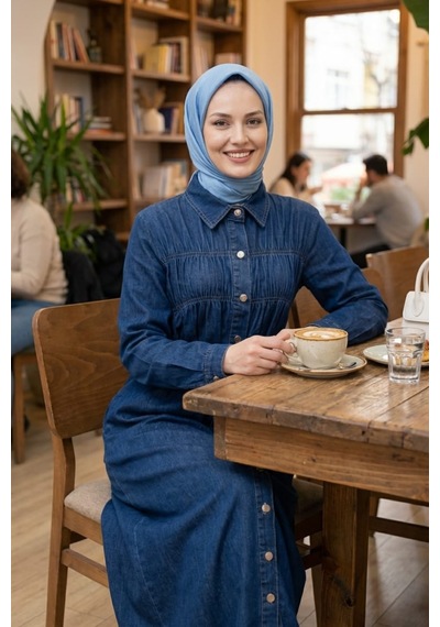Hb Harma Time Butik Kadın Beli Bağcıklı Boydan Düğmeli Koyu Mavi Kot Tesettür Elbise