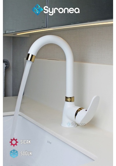 Mat Beyaz Kısa Nano Teknoloji Banyo Lavabo Bataryası Altın Desenli Musluk Beyaz