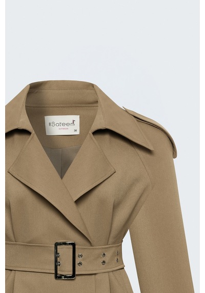 Sateen Kemer Detaylı Kısa Trenç - Camel-138116
