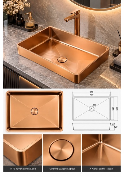 Alfas Aura Dikdörtgen 51x36cm Pvd Rose Gold Tezgah Üstü Tezgah Altı Banyo Mutfak Lavabo 304 Çelik