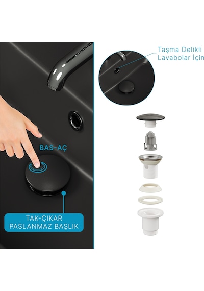 Sifon Tapası - Bas Aç - Mat Siyah Seramik Başlıklı -taşma Delikli-pis Su Sifonu Hariç