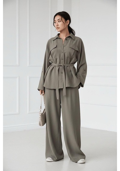 Seeh Haki Uzun Kollu Oversize Kadın Takım Sh338 Standart