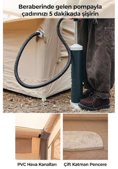 Realx 8 Kişilik 4 Mevsim Su Geçirmez Şişme Kamp Çadırı 300 x 210 x 190 CM Bej