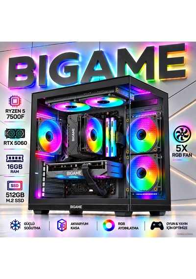 Bigame ANUBIS-V5 R5-7500F 16 GB 512 GB M2 SSD RTX5060 Free Dos Masaüstü Oyuncu Bilgisayarı