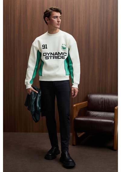 Grimelange MONTY Erkek Yuvarlak Yaka Baskılı Omuzları Yeşil Renkte Relaxed Fit Ekru Sweatshirt