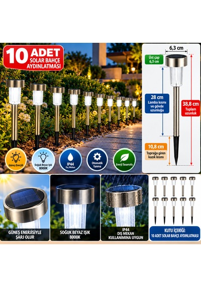 10'lu Paslanmaz Çelik Solar Bahçe Aydınlatma Led Çim Lambası 8000k Güneş Enerjili Ip44 Dekoratif Dış Mekan Seti