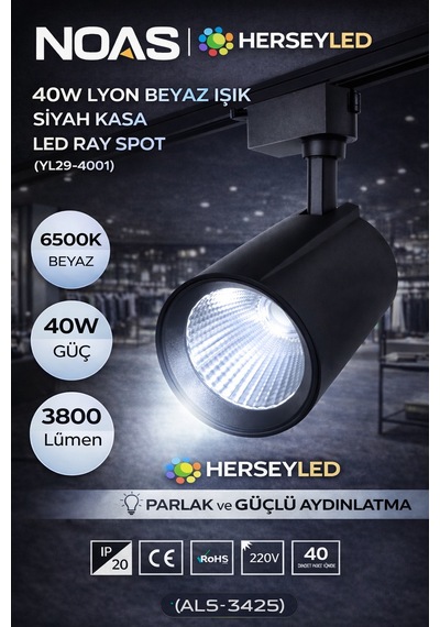 Noas 40w Lyon Beyaz Işık Siyah Kasa Led Ray Spot Yl29-4001 Beyaz