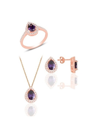 Gümüş Rose Ametis Taşlı Damla Modeli Üçlü Set