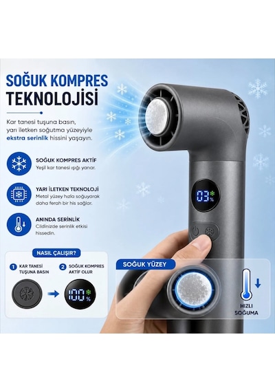 Turbo Buzlu Fan Dijital Ekranlı Şarjlı Mini El Vantilatörü 100 Kademeli Ayar, 3000mah Batarya, Type-c Şarj