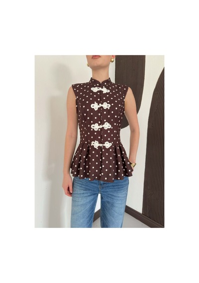Verymoda Çin Düğmeli Puantiyeli Bluz D3074 Kahve