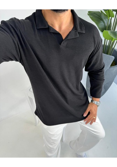 La-boum Polo Yaka Bürümcük Uzun Kol Sweatshirt Siyah