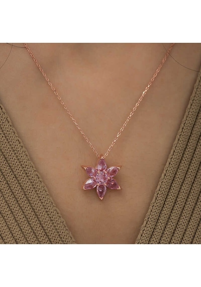 Gümüş Rose Pembe Çiçek Kolye Rose