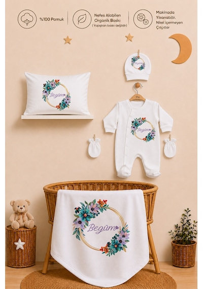 Pia Baby Kız Bebek Hastane Çıkışı 11 Parça %100 Pamuk Kişiye Özel İsimli Organik Baskılı Set 1026113x Ekru