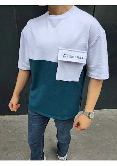 Erkek Tişört Torba Cepli Parçalı Kısa Kol T-shirt - Lacivert