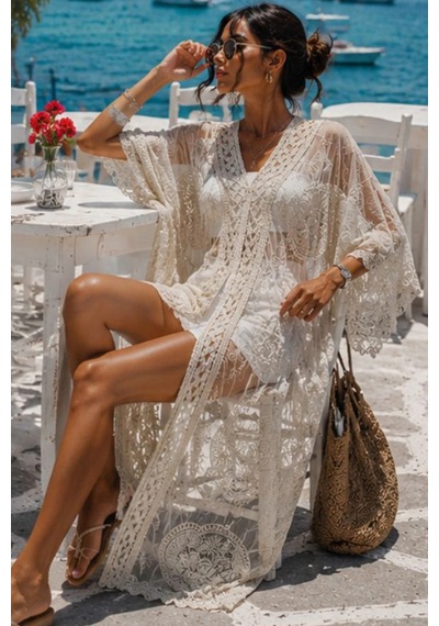 Asprinfashion Kadın İthal Dantel Pareo Kimono Plaj Elbisesi Ekru Bohem Yazlık Kaftan