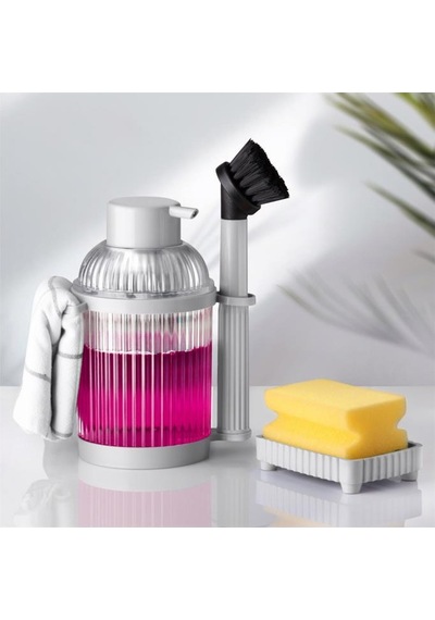 Flora 4 Parça Mutfak Banyo Temizlik Seti, Fırçalı Süngerlik Standlı Sıvı Sabunluk 4 Lü Set Gri