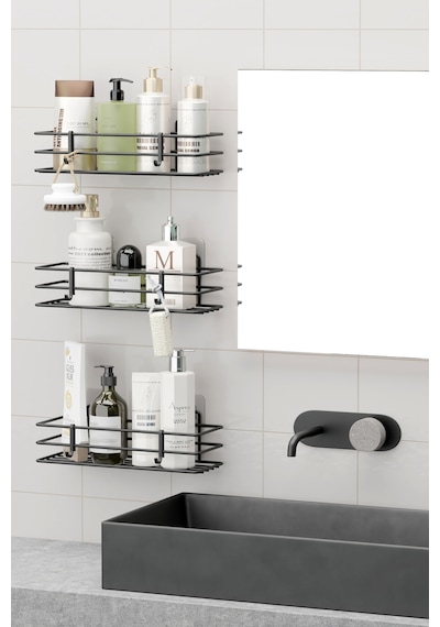 Zabata Ömür Boyu Paslanmaz Yapışkanlı 3 Adet Banyo Rafı Duş Şampuanlık Duvar Düzenleyici Organizer Siyah Siyah