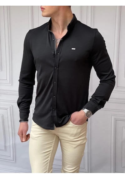 Modefendi Slimfit Merserize Pamuk Uzun Kollu Gömlek Siyah