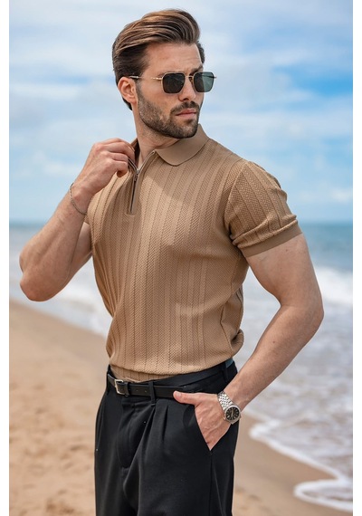 Madmext Camel Yarım Fermuarlı Polo Yaka Erkek Triko Tişört E7458