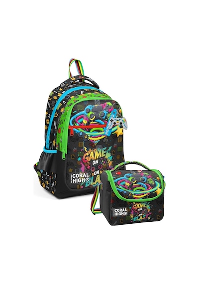 Coral High Oyun Baskılı Erkek Çocuk Okul Çantası Ve Thermo Beslenme Çantası Seti Yeşil