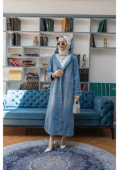 6329-taşlı Denim Kapşonlu Kap Mavi Mavi