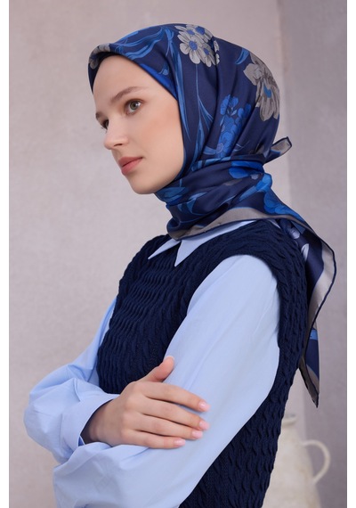 BELLİ Çiçek Desen İpek Twill Eşarp 4219d01 Lacivert - 60