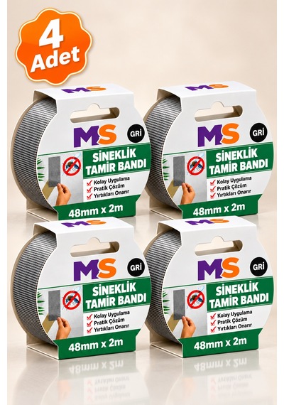 4 Adet Yapışkanlı Gri Sineklik Tamir Bandı 48 Mm X 2 Metre Yaması Tülü Bantı Delik Onarımı Yapıştırma 48 x 48