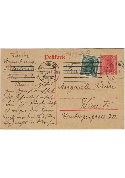 Almanya Hamburg'tan Viyana'ya Postadan Geçmiş Kartpostal 18 Ocak 1920.