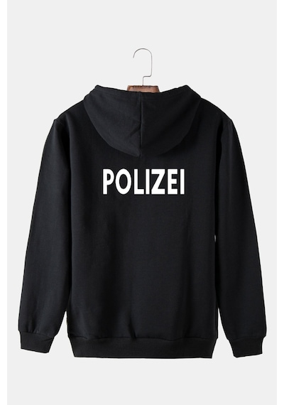 Unisex Siyah Dark-beyaz Arkası Polizei Baskılı Kapşonlu Sweatshirt Dark-beyaz