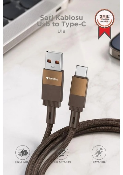 Premium Teknoloji Ürünü Günlük Kullanım Şarj Kablosu Usb To Type-c Data Kablo U18 Kahverengi