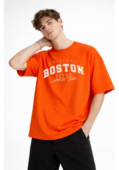 Misa Tahtakale Boston - Baskılı Oversize Tişört Turuncu Çok Renkli