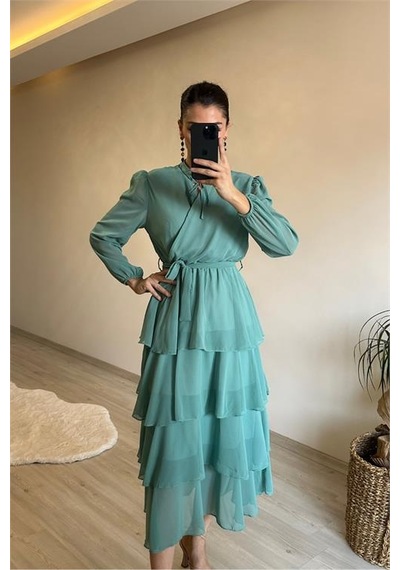 Neşeli Butik Kadın Kat Kat Volanlı Kuşaklı Midi Şifon Elbise Nm004 Mint