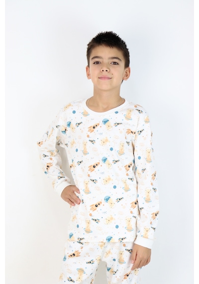 Harika Kids Erkek Çocuk Baskılı İnterlok Kumaş Uzun Kollu Pijama Takımı Beyaz - Gri