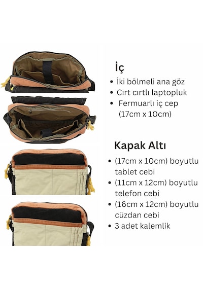 Cappadocia Vintage Omuz Postacı Siyah Bej 14 İnç Laptop Çantası Siyah - Altın