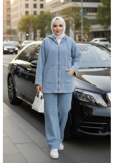 Hb Harma Time Butik Kadın Kapüşonlu Cepli Kot Mavi Tunik Pantolon Takım Mavi Mavi